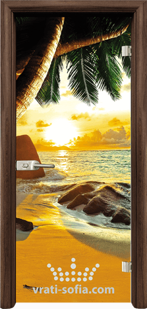 Стъклена врата Print G 13 14 Beach sunset, цвят каса Орех