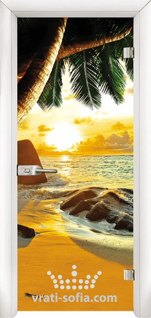 Стъклена врата Print G 13 14 Beach sunset, цвят каса Бяла